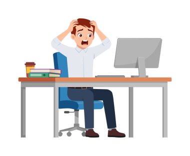 Adam çalışan masa başında oturup ofiste çalışıyor ve bağırıyor ve panikliyor.