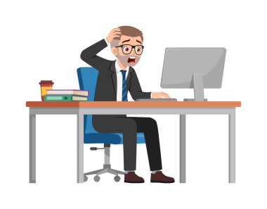 Adam çalışan masa başında oturup ofiste çalışıyor ve bağırıyor ve panikliyor.