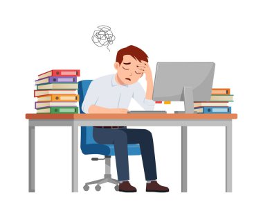 Adam çalışan masa başında oturuyor, ofiste çalışıyor ve kafası karışık.