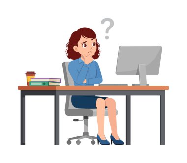 Kadın çalışan masa başında oturup bilgisayar ve soru işaretiyle çalışır.