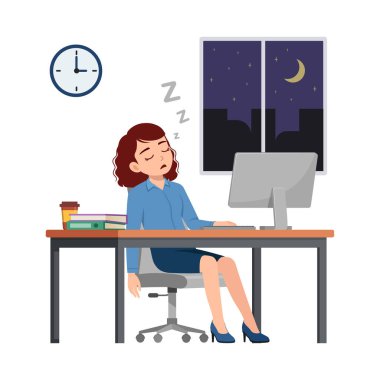 Kadın çalışan gece fazla mesai yapıyor, uykulu hissediyor ve ofiste bilgisayarla çalışıyor.