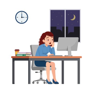 Kadın çalışan gece fazla mesai yapıyor, uykulu hissediyor ve ofiste bilgisayarla çalışıyor.