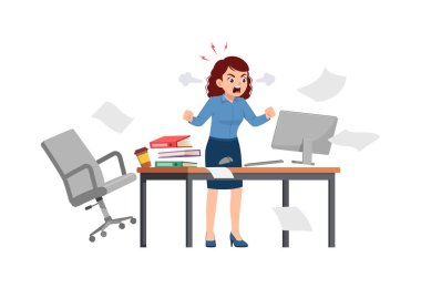 Öfkeli bir kadın, ofiste bilgisayarla çalışan bir çalışan, çığlık atan ve kızgın.