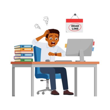 Erkek çalışan masa başında oturuyor ve son teslim tarihinden dolayı panikliyor.