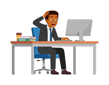 Adam çalışan masa başında oturup ofiste çalışıyor ve bağırıyor ve panikliyor.