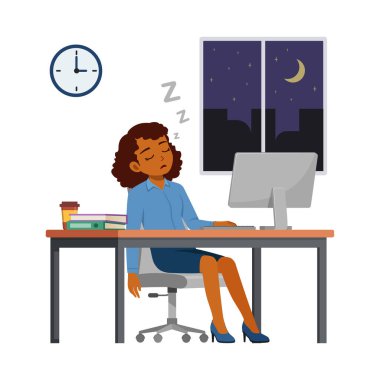 Kadın çalışan gece fazla mesai yapıyor, uykulu hissediyor ve ofiste bilgisayarla çalışıyor.