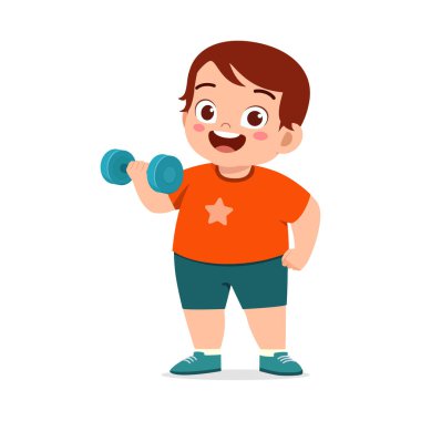 Küçük çocuk kilo vermek için halteri kaldırıyor.