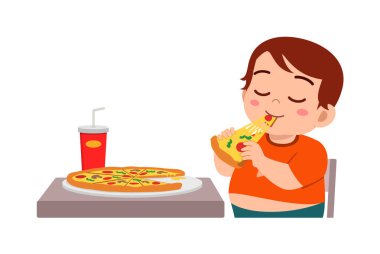 Küçük çocuk pizza yer ve mutlu olur.