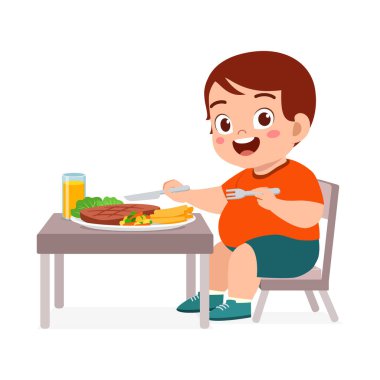 Küçük çocuk et yer ve mutlu olur.