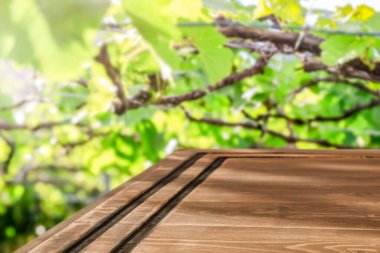 Bahçedeki yeşil ağaç dallarının bulanık arkaplanlı boş ahşap masa üstü