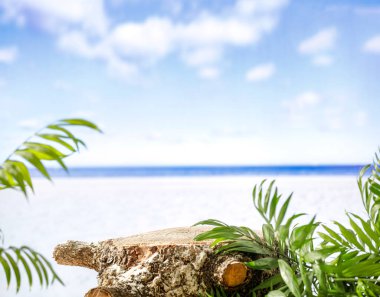 Ürünler, nesneler ve aksesuarlar için kopyalama alanı olan tropik bir plajda deniz manzaralı tahta kütük. Ürün görüntüleme montaj ilhamı.