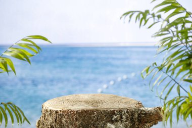 Ahşap kütük, ağaç gövdesi masa üstü olarak mavi deniz manzaralı güzel bir manzara. Ürünler ve nesneler için yer. Güzel tropikal manzara, mavi deniz ve beyaz kum..