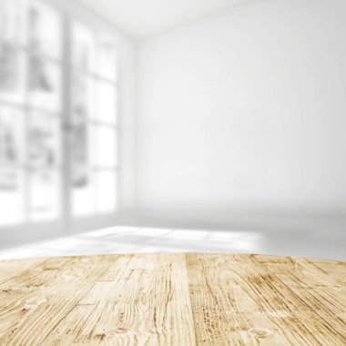Ürünler için boş kopya alanı olan ahşap masa. Parlak doğal ışık penceresi arka planı. Resim ürünlerinizi görüntülemek veya montajlamak için kullanılabilir.