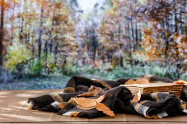 Sonbahar kompozisyonu siyah battaniye ve kitap ve sonbahar ağacı yaprakları ahşap masa üzerinde ürünler için fotokopi alanı ile. Sonbahar mevsimi orman manzarasını bulanıklaştırdı.
