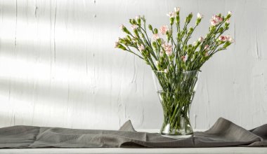 Karanfil çiçekleri parlak odadaki bir masanın üzerinde cam vazoda. Ürün veya metin için alanı kopyala.