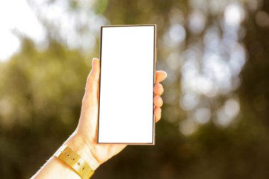 Beyaz ekranlı akıllı telefon, arka planda doğal bahçedeki kadınların ellerinde. Doğal güneş ve gün ışığı. Boşluğu kopyala.