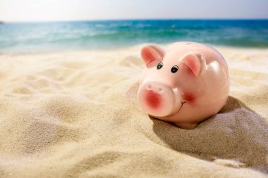 Kumsaldaki pembe kumbara. Bulanık plaj, deniz ve gökyüzü arka planı, ürün yerleştirme ve metin için alan. İş ve tatil konsepti için para biriktirme.