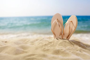 Bulanık sahil, deniz ve gökyüzü arkaplanı olan kumlu sahilde terlikler, ürün yerleştirme ve metin için alan