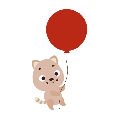 Kırmızı balonla uçan şirin bir kedi. Çocuk tişörtü, bebek odası dekorasyonu, bebek partisi, tebrik kartı, evin içi. Vektör stok illüstrasyonu