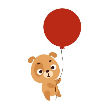 Kırmızı balonla uçan şirin bir köpek. Çocuk tişörtü, bebek odası dekorasyonu, bebek partisi, tebrik kartı, evin içi. Vektör stok illüstrasyonu