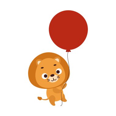 Kırmızı balonla uçan şirin bir aslan. Çocuk tişörtü, bebek odası dekorasyonu, bebek partisi, tebrik kartı, evin içi. Vektör stok illüstrasyonu