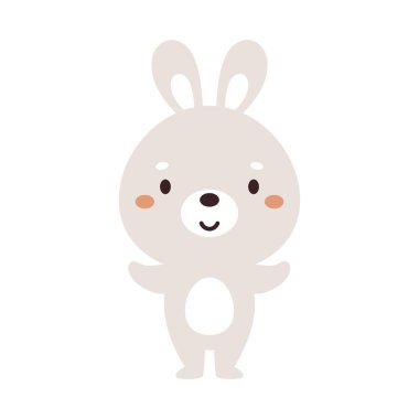 Beyaz arka planda sevimli küçük bir tavşan. Çocuk kartları için çizgi film karakteri, bebek partisi, davetiye, poster, tişört kompozisyonu, ev içi. Vektör stok illüstrasyonu