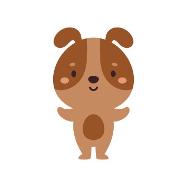 Beyaz arka planda şirin küçük bir köpek. Çocuk kartları için çizgi film karakteri, bebek partisi, davetiye, poster, tişört kompozisyonu, ev içi. Vektör stok illüstrasyonu