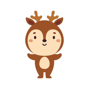 Beyaz arka planda şirin bir geyik. Çocuk kartları için çizgi film karakteri, bebek partisi, davetiye, poster, tişört kompozisyonu, ev içi. Vektör stok illüstrasyonu