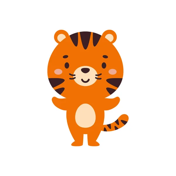 Netter Kleiner Tiger Auf Weißem Hintergrund Zeichentrick Tierfigur Für Kinderkarten — Stockvektor