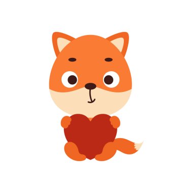 Oturan şirin tilki kalbi beyaz arka planda tutuyor. Çocuk tişörtü, bebek odası dekorasyonu, bebek partisi, tebrik kartı, evin içi. Vektör stok illüstrasyonu