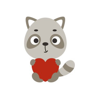 Beyaz arka planda oturan ve kalbi tutan sevimli bir rakun. Çocuk tişörtü, bebek odası dekorasyonu, bebek partisi, tebrik kartı, evin içi. Vektör stok illüstrasyonu