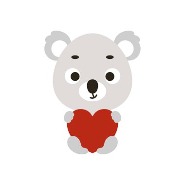 Beyaz arka planda oturan ve kalbi tutan sevimli küçük bir koala. Çocuk tişörtü, bebek odası dekorasyonu, bebek partisi, tebrik kartı, evin içi. Vektör stok illüstrasyonu