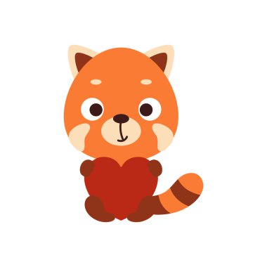 Beyaz arka planda oturan ve kalbi tutan sevimli kırmızı panda. Çocuk tişörtü, bebek odası dekorasyonu, bebek partisi, tebrik kartı, evin içi. Vektör stok illüstrasyonu