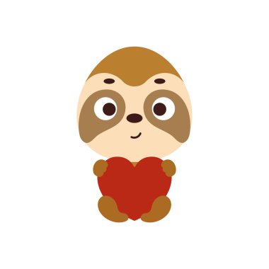 Beyaz arka planda oturan ve kalbi tutan şirin bir tembel hayvan. Çocuk tişörtü, bebek odası dekorasyonu, bebek partisi, tebrik kartı, evin içi. Vektör stok illüstrasyonu