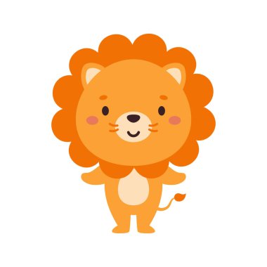 Beyaz arka planda sevimli küçük bir aslan. Çocuk kartları için çizgi film karakteri, bebek partisi, davetiye, poster, tişört kompozisyonu, ev içi. Vektör stok illüstrasyonu