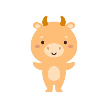 Beyaz arka planda şirin bir boğa. Çocuk kartları için çizgi film karakteri, bebek partisi, davetiye, poster, tişört kompozisyonu, ev içi. Vektör stok illüstrasyonu