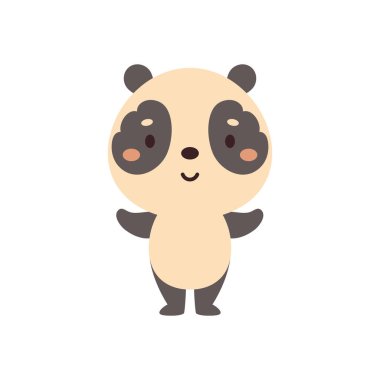 Beyaz arka planda şirin bir panda. Çocuk kartları için çizgi film karakteri, bebek partisi, davetiye, poster, tişört kompozisyonu, ev içi. Vektör stok illüstrasyonu