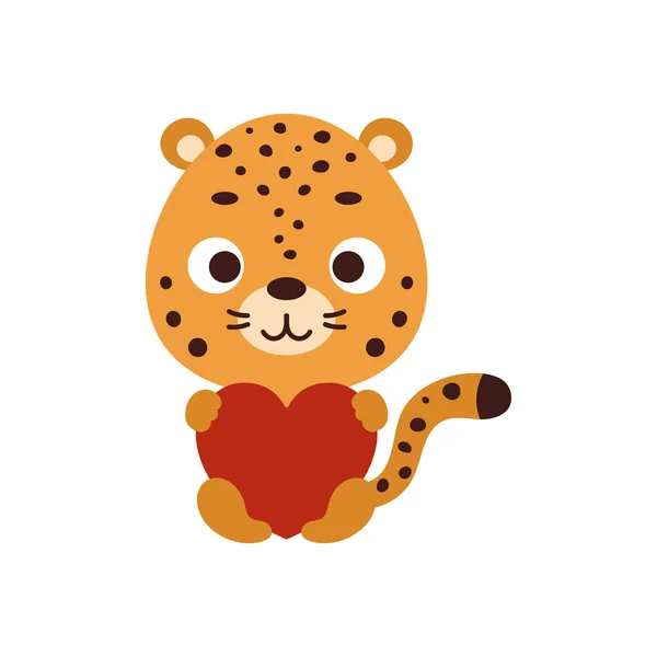 Mignon Petit Jaguar Assis Tenant Cœur Sur Fond Blanc Dessin — Image vectorielle