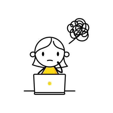 Dizüstü bilgisayarı olan mutsuz bir kadın projesini son teslim tarihine kadar bitirmek için meşgul. Yorgun bir ofis çalışanı. İş stresi, aşırı çalışma yorgunluğu, endişe ya da yorgunluk, baş ağrısı konsepti. Vektör stok illüstrasyonu