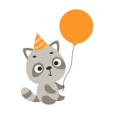 Doğum günü şapkalı şirin rakun balon tutuyor. Çocuk tişörtü, bebek odası dekorasyonu, bebek partisi, tebrik kartı, evin içi. Vektör stok illüstrasyonu