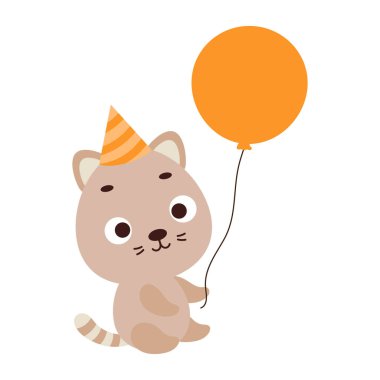 Doğum günü şapkalı şirin kedi elinde balon tutuyor. Çocuk tişörtü, bebek odası dekorasyonu, bebek partisi, tebrik kartı, evin içi. Vektör stok illüstrasyonu