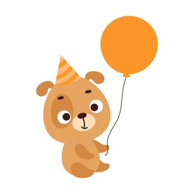 Doğum günü şapkalı şirin köpek elinde balon tutuyor. Çocuk tişörtü, bebek odası dekorasyonu, bebek partisi, tebrik kartı, evin içi. Vektör stok illüstrasyonu