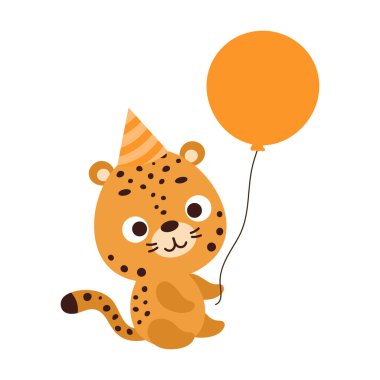 Doğum günü şapkasında balon tutan sevimli bir jaguar. Çocuk tişörtü, bebek odası dekorasyonu, bebek partisi, tebrik kartı, evin içi. Vektör stok illüstrasyonu