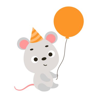 Doğum günü şapkalı şirin fare elinde balon tutuyor. Çocuk tişörtü, bebek odası dekorasyonu, bebek partisi, tebrik kartı, evin içi. Vektör stok illüstrasyonu