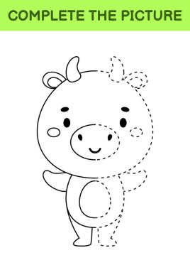 Şirin boğanın çizilmiş resmi. Boyama kitabı. Nokta kopyalama oyunu. El yazısı pratiği, çizim becerileri eğitimi. Eğitim, basılabilir çalışma tablosu geliştiriyor. Etkinlik sayfası. Vektör illüstrasyonu