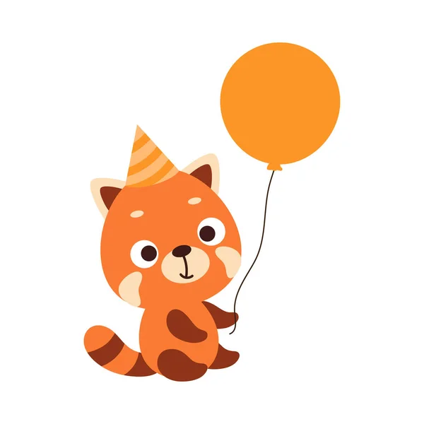 Mignon Petit Panda Rouge Chapeau Anniversaire Tenant Ballon Dessin Animé — Image vectorielle