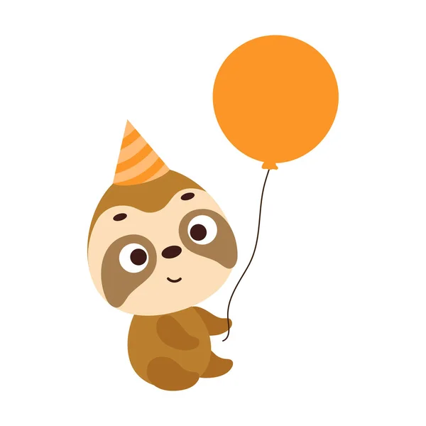 誕生日の帽子を保持する気球でかわいい少し遅い 子供Tシャツ 保育園の装飾 ベビーシャワー グリーティングカード 家のインテリアのための漫画動物の文字 ベクターストックイラスト — ストックベクタ