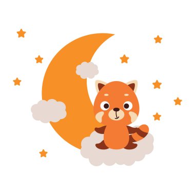 Bulutların üzerinde oturan sevimli küçük kırmızı panda. Çocuk tişörtü, bebek odası dekorasyonu, bebek partisi, tebrik kartları, davetiyeler, ev dekorasyonu. Vektör stok illüstrasyonu