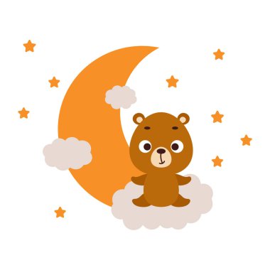 Bulutların üzerinde oturan sevimli küçük ayı. Çocuk tişörtü, bebek odası dekorasyonu, bebek partisi, tebrik kartları, davetiyeler, ev dekorasyonu. Vektör stok illüstrasyonu