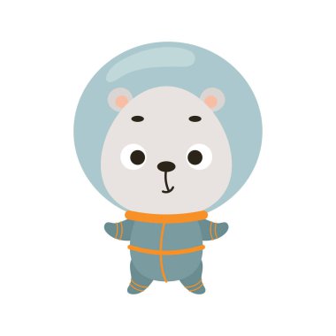 Beyaz arka planda şirin küçük uzaylı kutup ayısı. Çocuk tişörtleri için çizgi film karakteri, bebek dekorasyonu, bebek partisi, tebrik kartı, davetiye, ev içi. Vektör stok illüstrasyonu